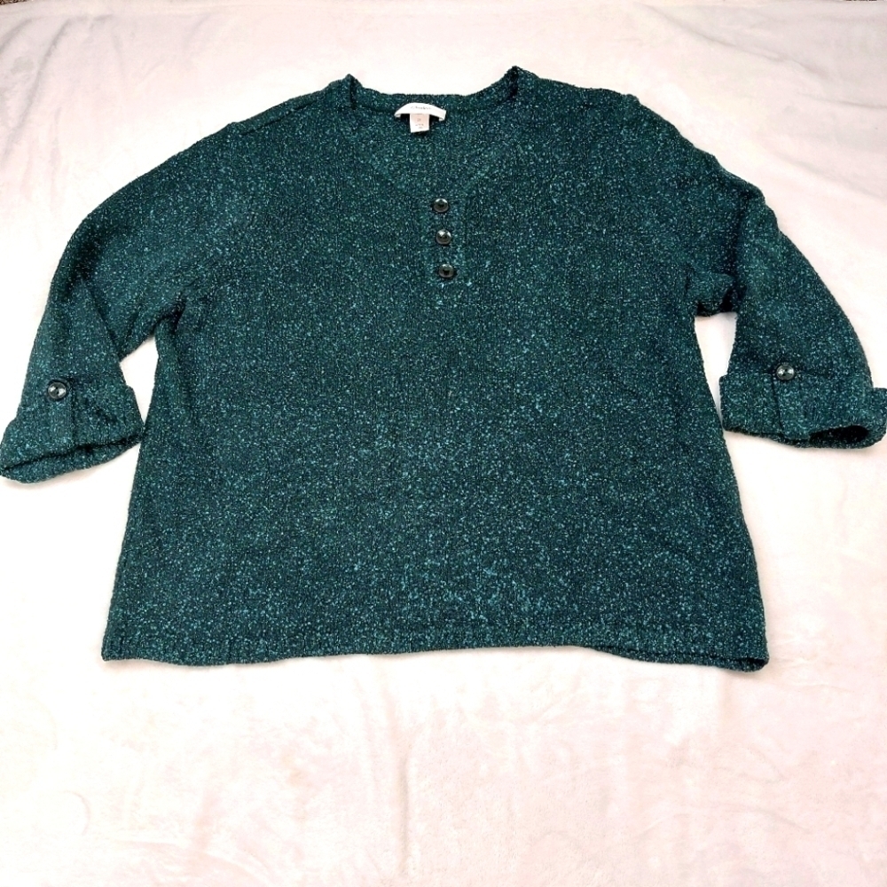 CJ BANKS WOMEN'S DARK TEAL 3/4 SLEEVE HENLEY COLLAR SWEATER SIZE 2X